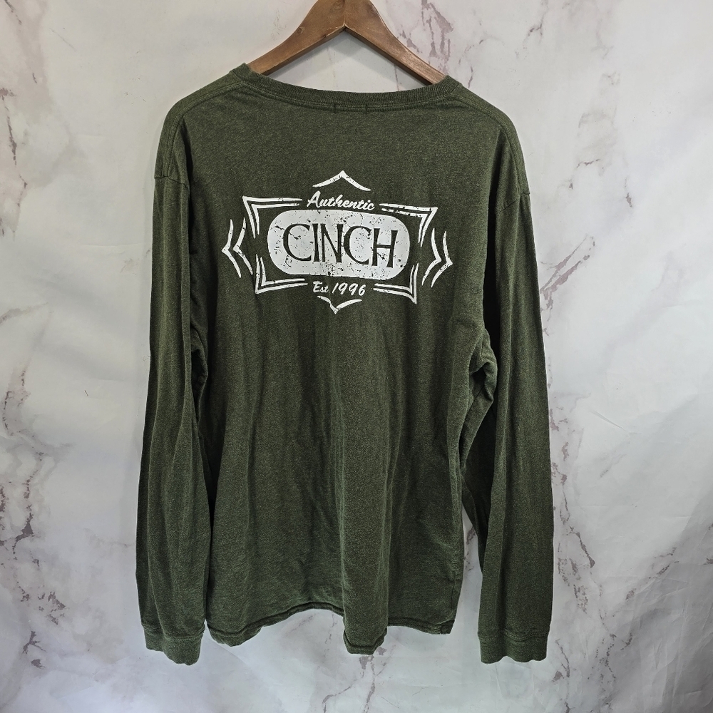 Cinch T Shirt Mens XL Green Long Sleeve Tee Crew Neck Logo Cotton Stretch